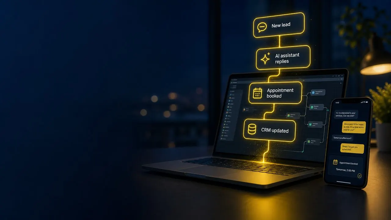 Laptop and phone showing an automated workflow: a new lead gets an AI reply, an appointment is booked and the CRM updates