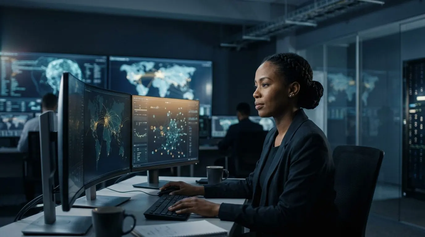 Cybersecurity analyst monitoring network maps in a security operations room