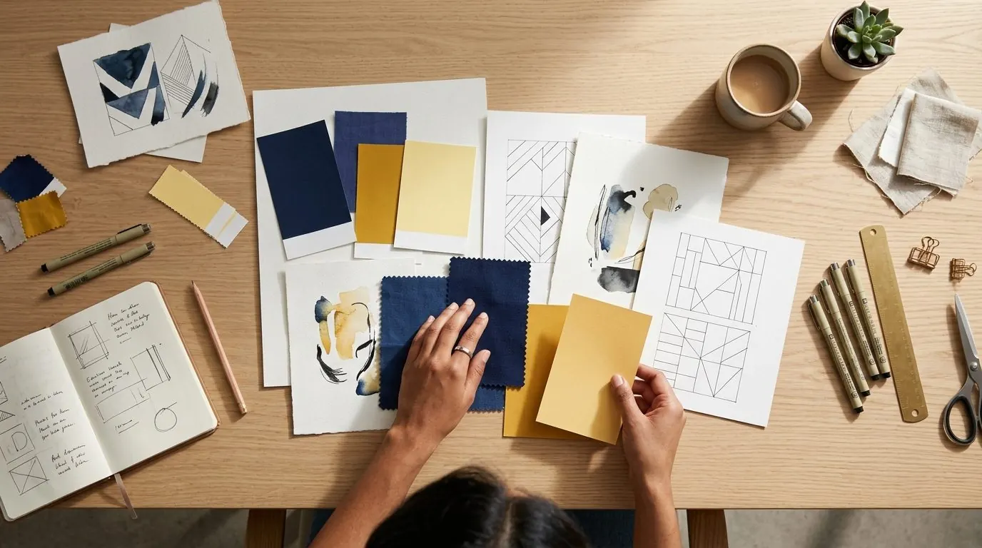 Designer arranging navy and yellow brand swatches and logo sketches on a desk