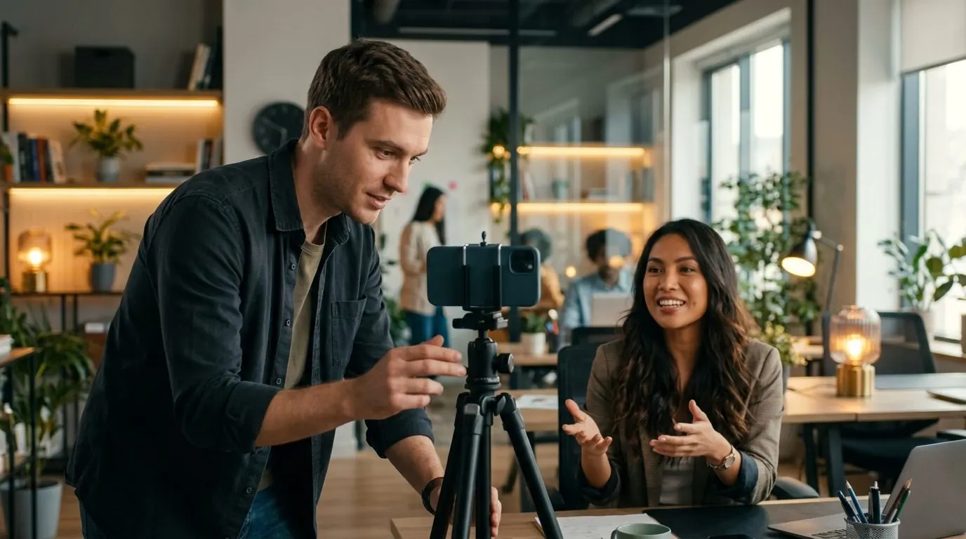 Marketing specialist filming a short social media video of a colleague