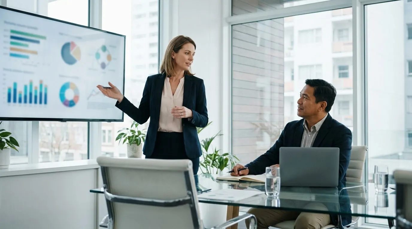 Growth strategist presenting a rising search graph to a business owner