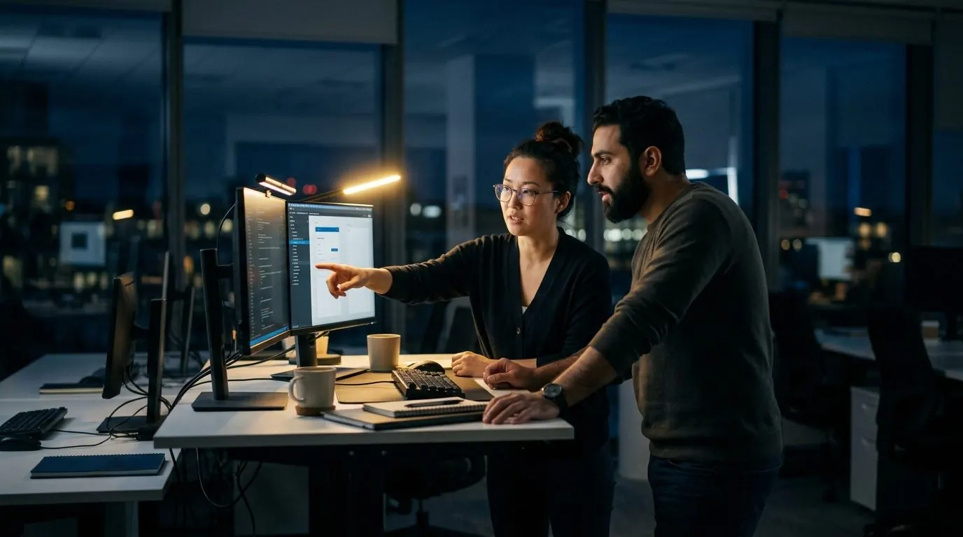 Two software engineers working together at a standing desk in the evening