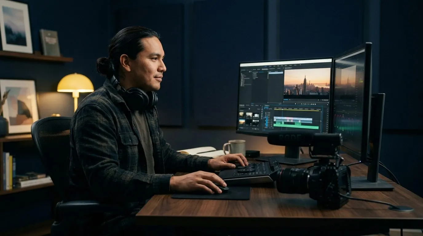 Video editor at an editing workstation with a camera on the desk