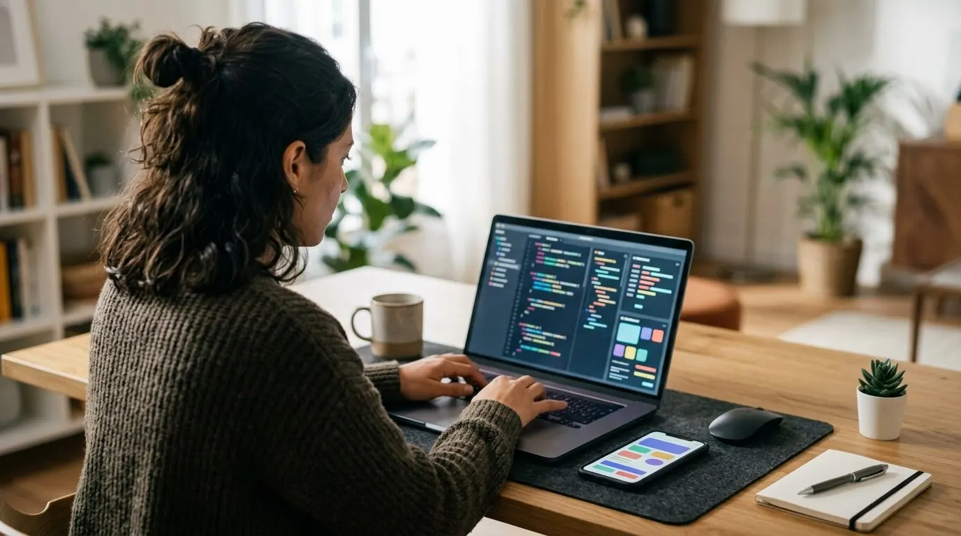 Web developer building a responsive website on a laptop and phone