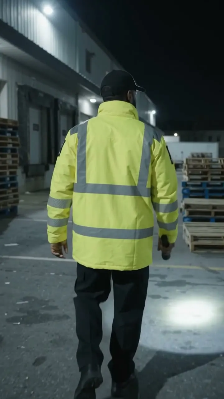 Excel Security officer walking a warehouse yard at night