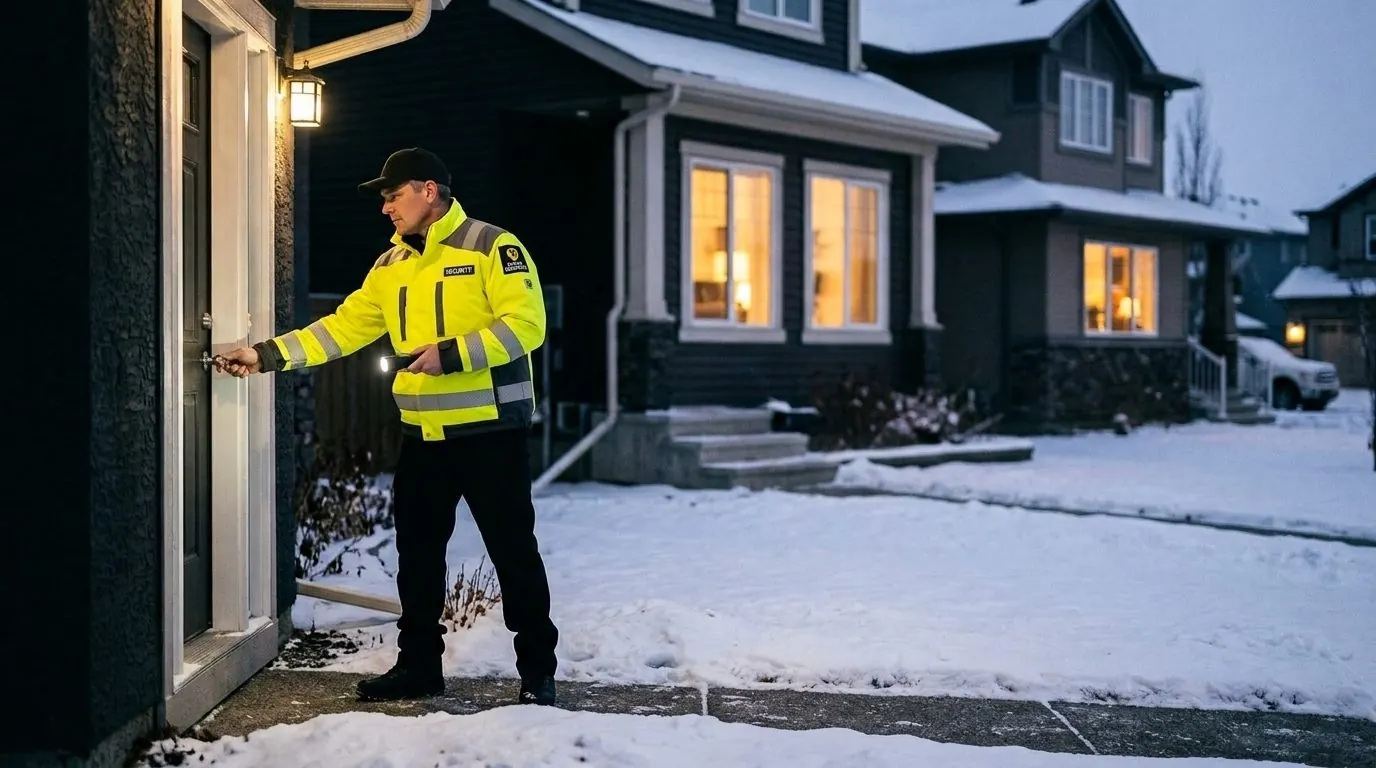 Excel Security officer checking the front door of a house on a snowy evening