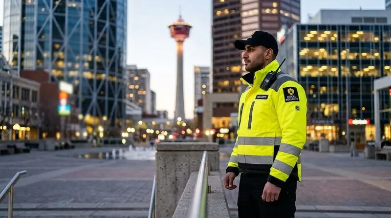 Excel Security officer on a downtown Calgary plaza with the Calgary Tower behind