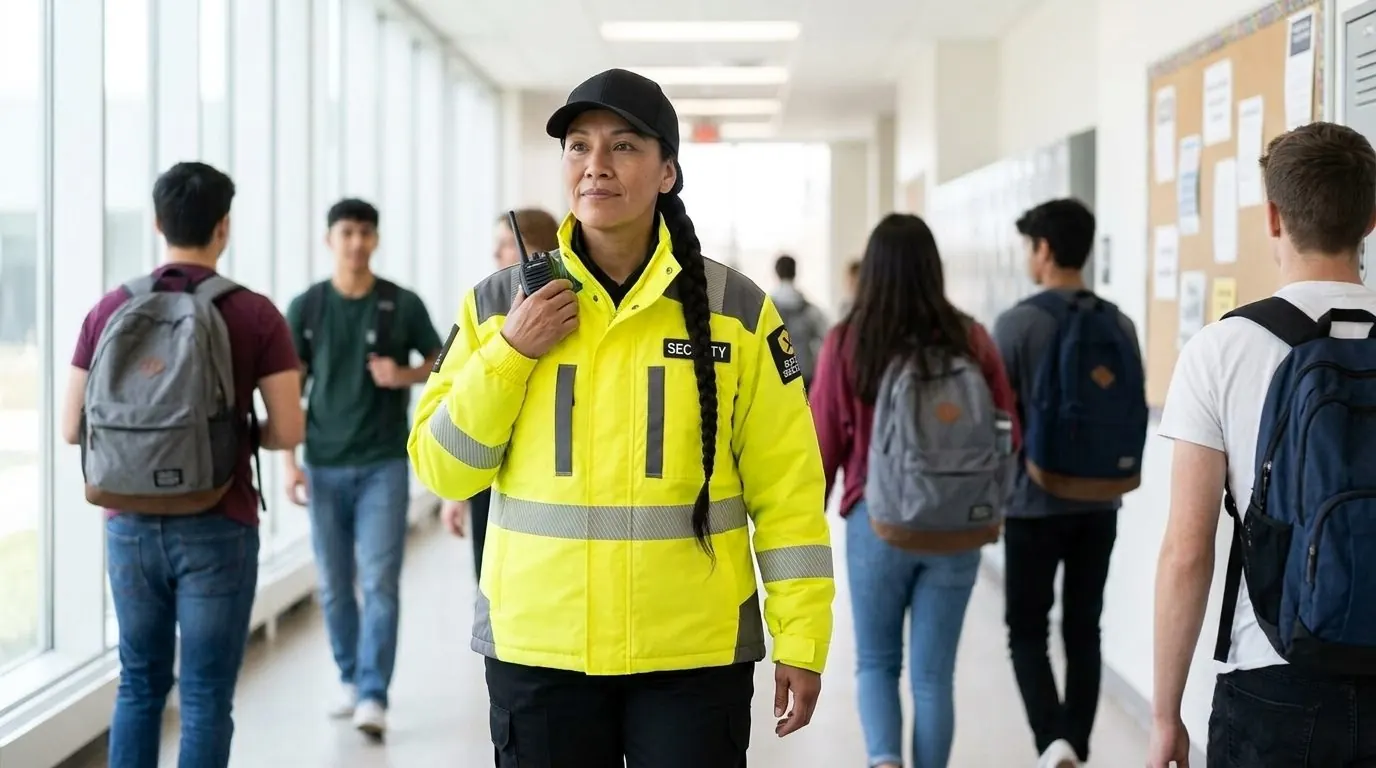 Excel Security officer walking a college hallway between classes