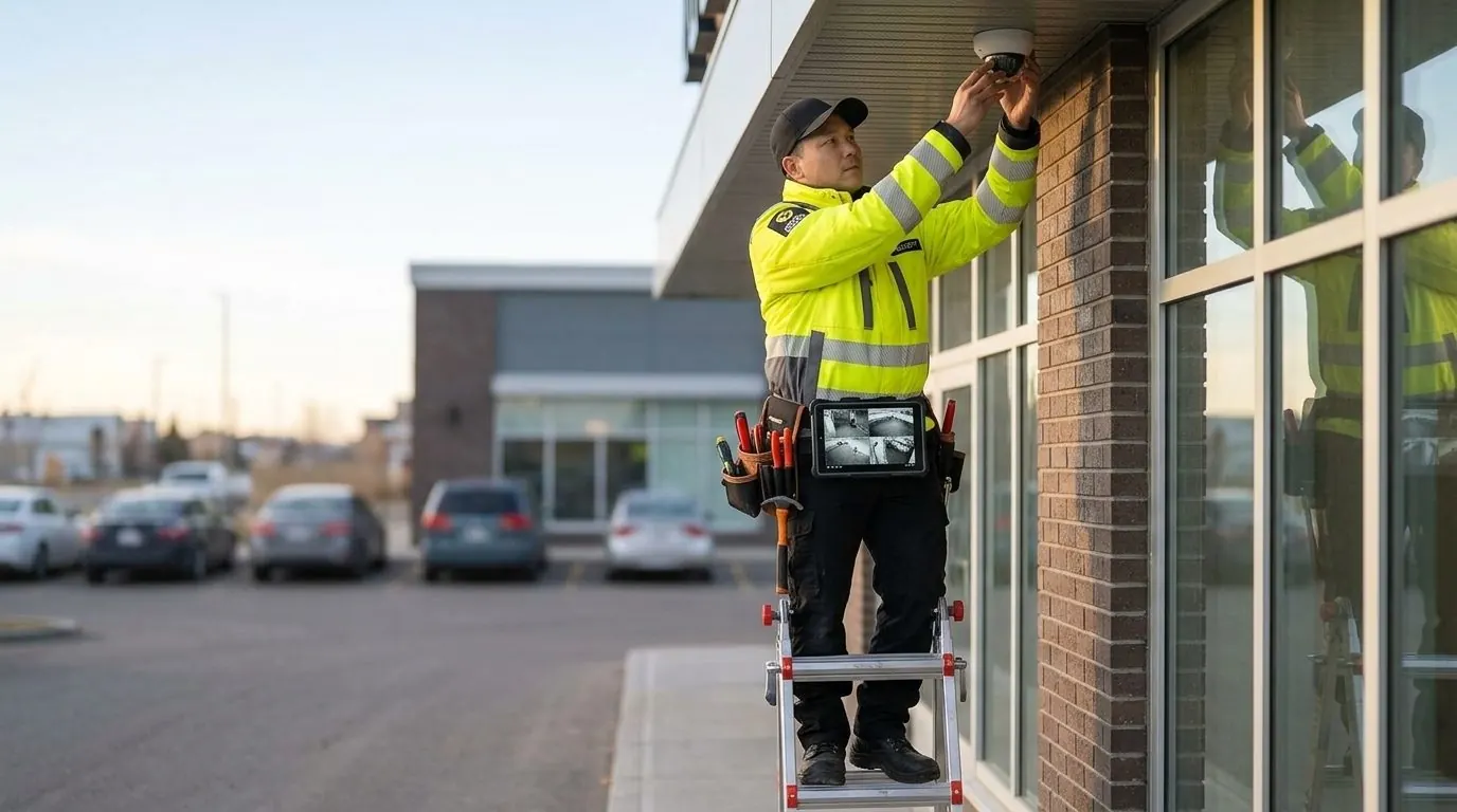 Excel Security technician fitting a dome security camera to a commercial building