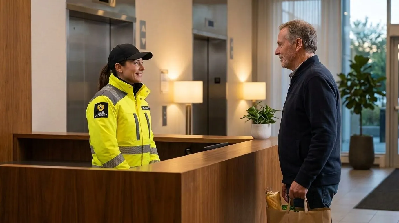 Excel Security concierge officer greeting a resident in a condo lobby