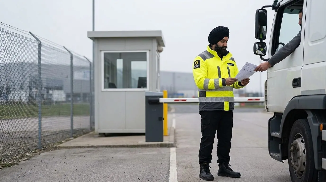 Excel Security officer checking a truck driver's paperwork at a facility gate