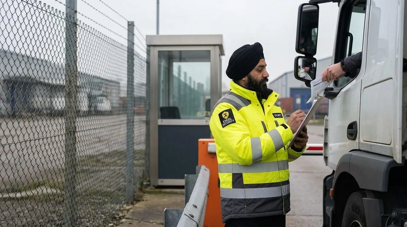 Excel Security officer checking a driver's paperwork at a gatehouse