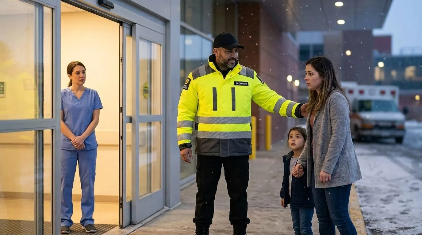 Excel Security officer guiding a mother and child to a hospital emergency entrance