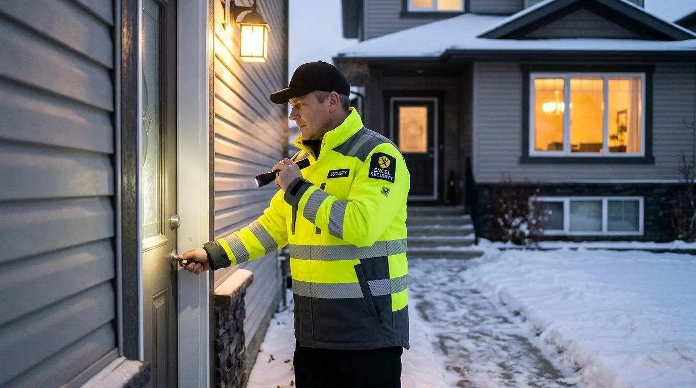 Excel Security officer checking the front door of a house on a winter evening in Edmonton