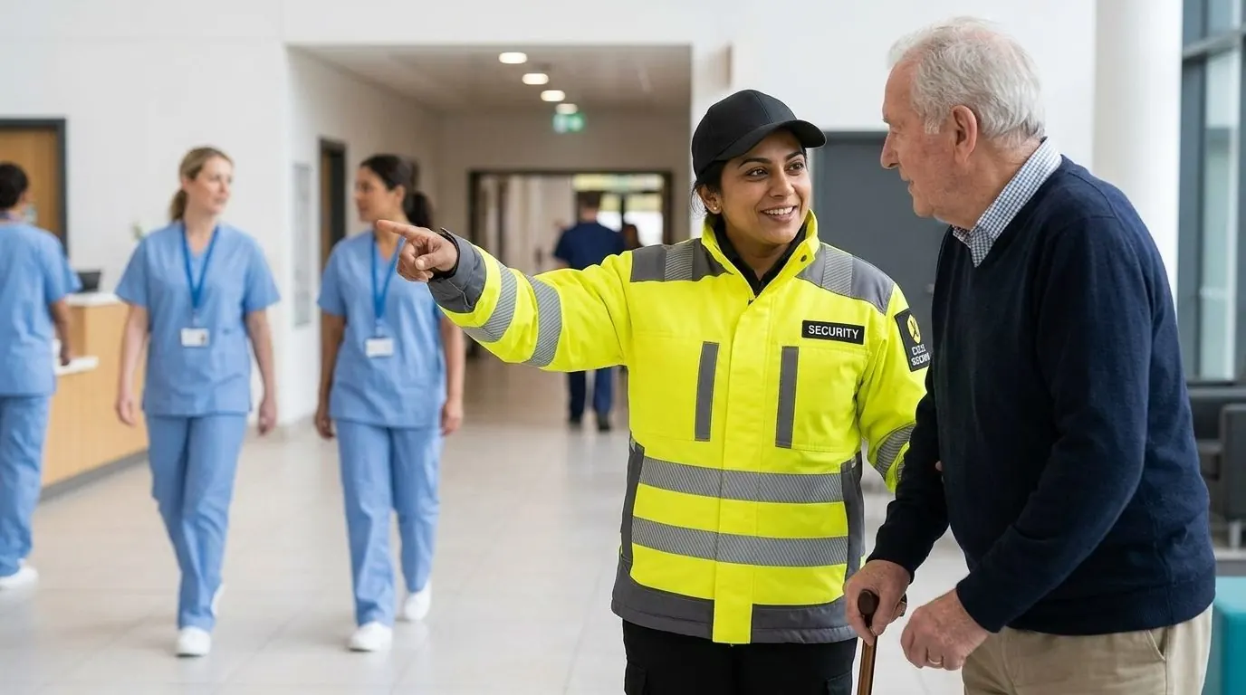 Excel Security officer helping an elderly visitor find his way in a hospital lobby
