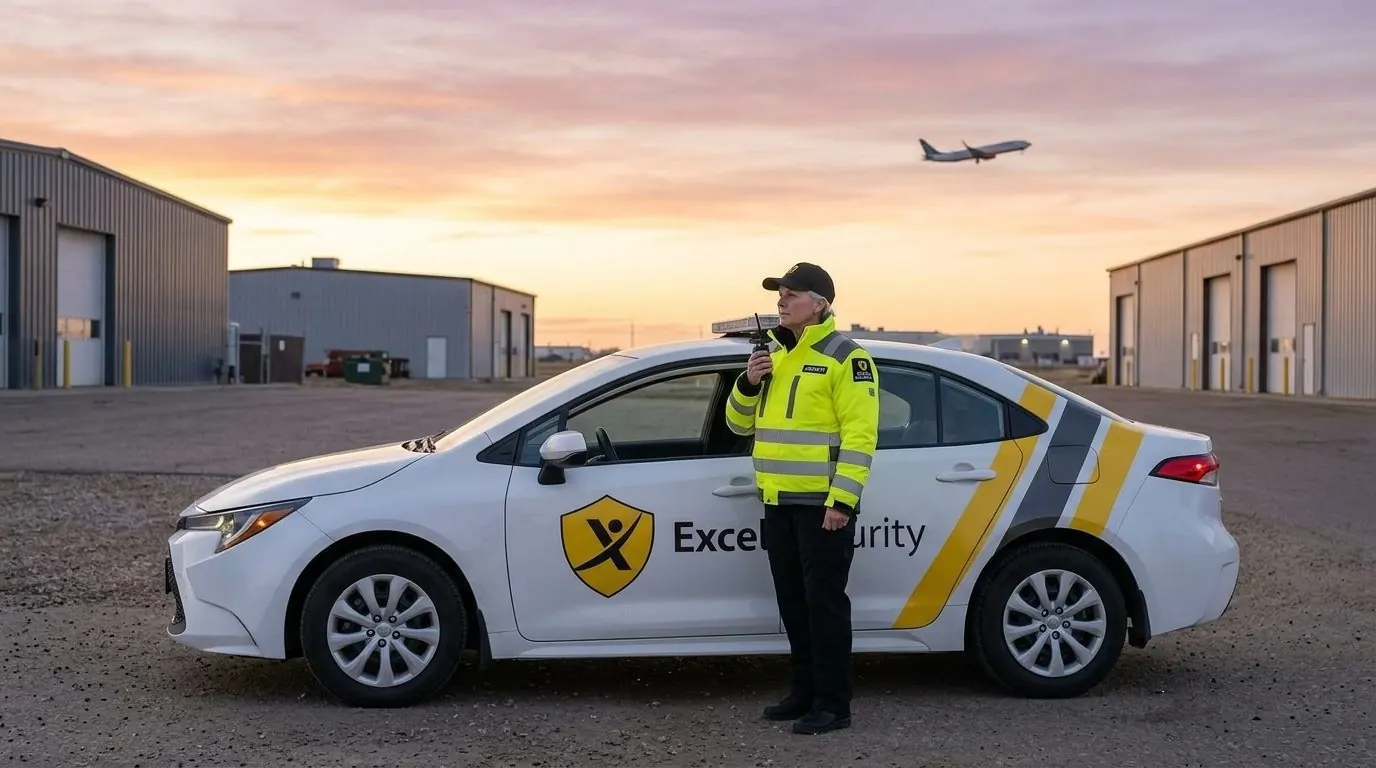 Excel Security officer beside a marked patrol car in an industrial park