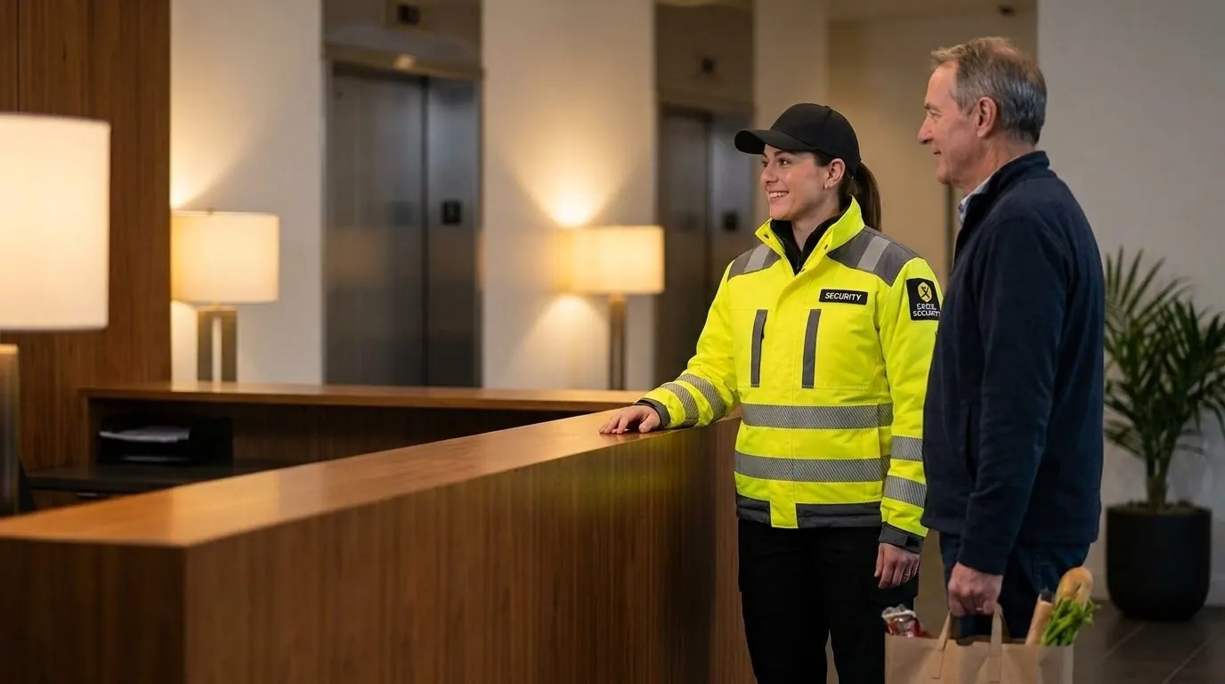 Excel Security concierge officer talking with a resident at the front desk