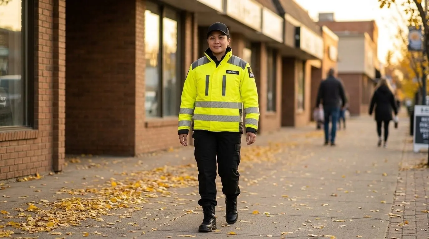 Excel Security officer on foot patrol downtown in autumn