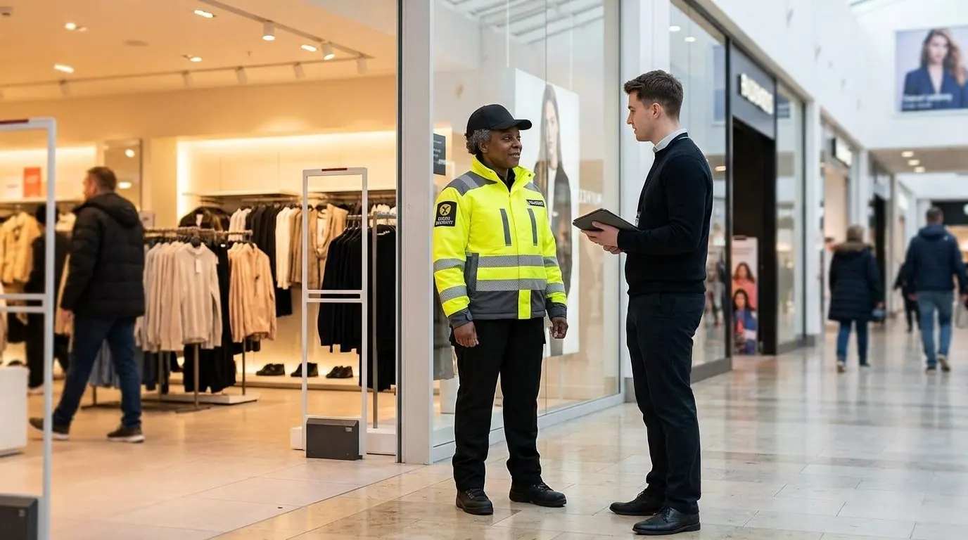 Excel Security officer talking with a store manager at a shop entrance in a mall