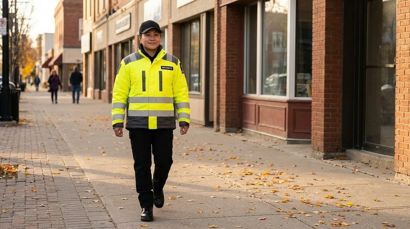 Excel Security officer on foot patrol past a row of shops