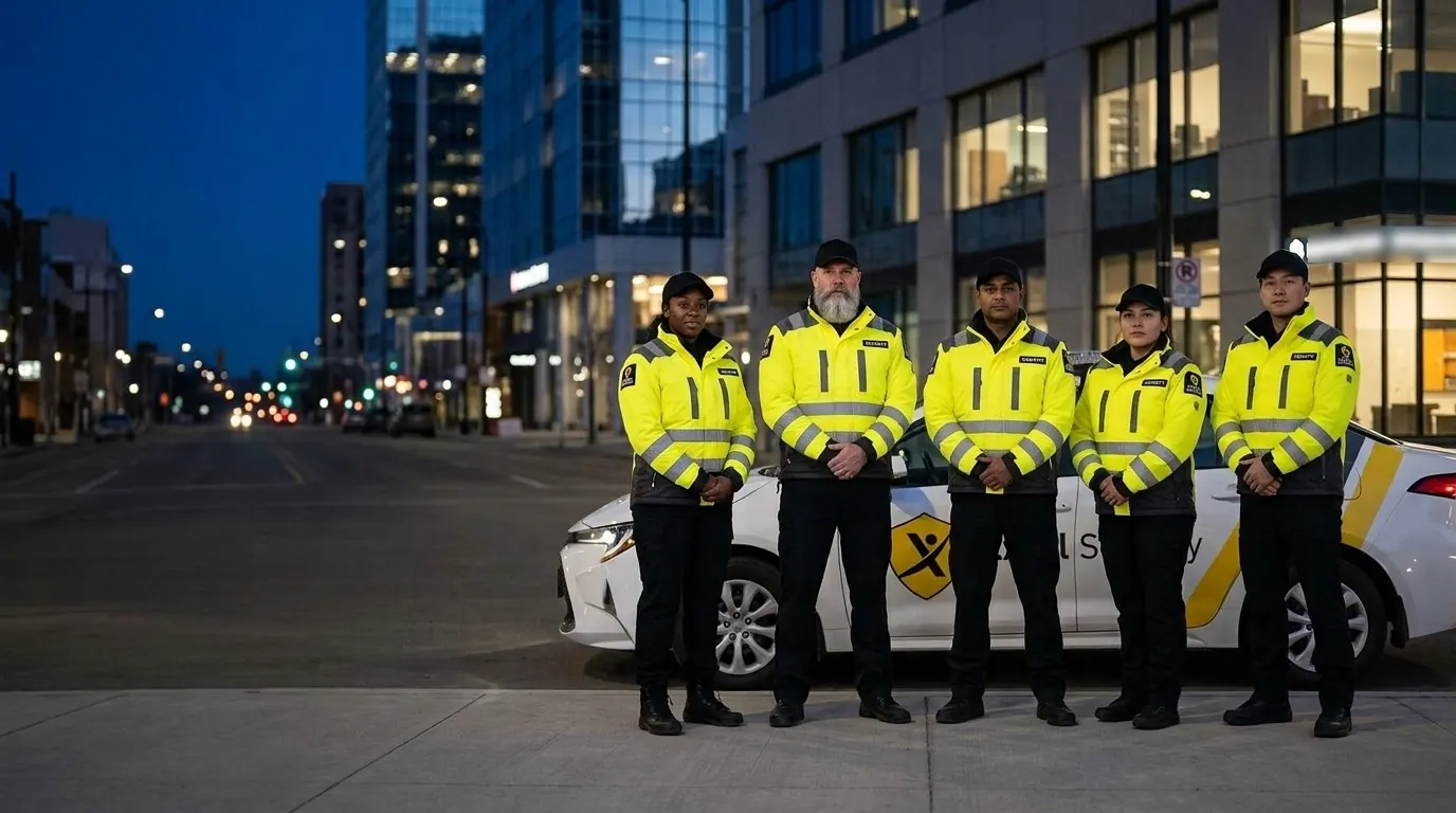 Five Excel Security officers in high-visibility jackets beside a marked Excel patrol car in downtown Edmonton at dusk