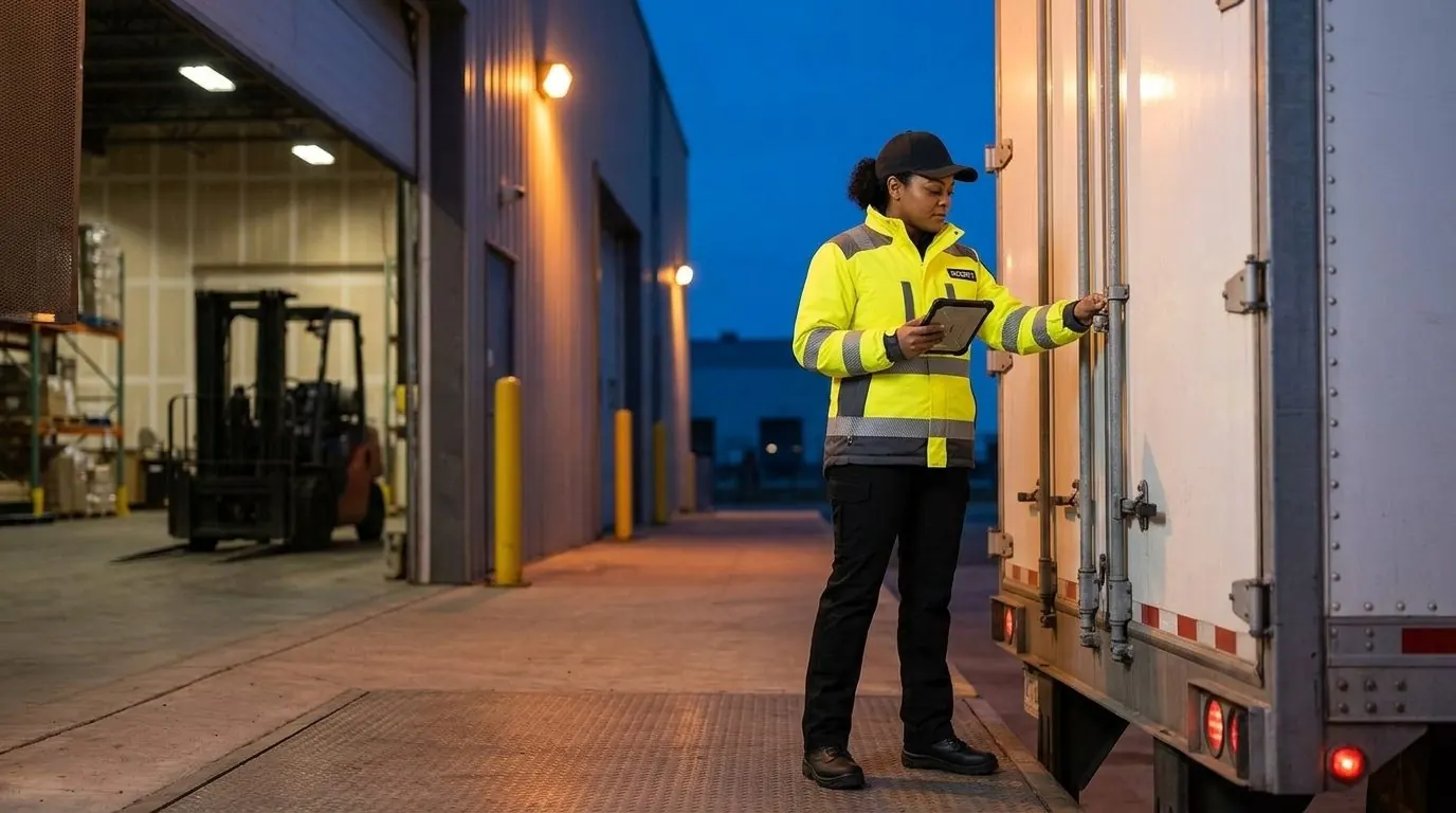 Excel Security officer checking a trailer at an industrial loading dock