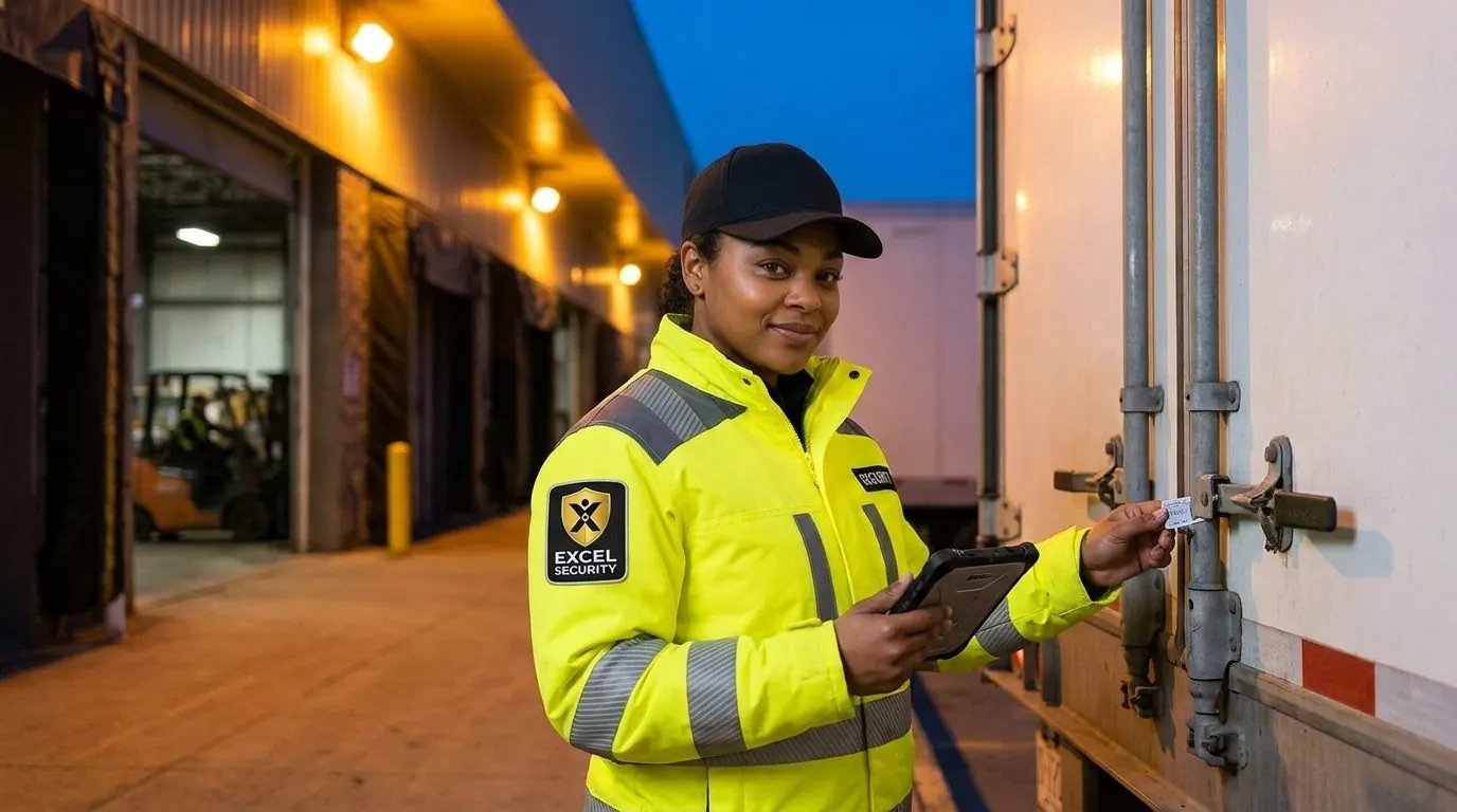 Excel Security officer checking a trailer seal at a warehouse loading dock at dusk