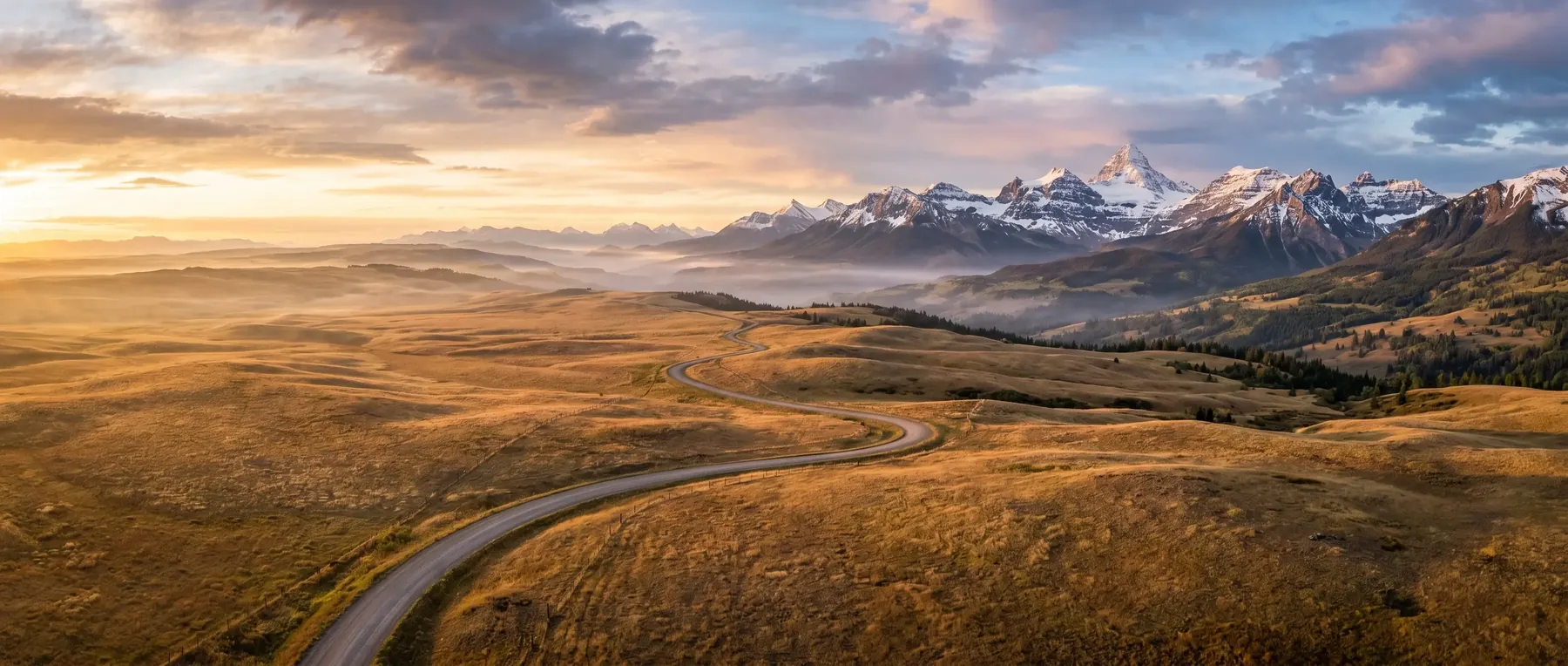 Alberta prairie and the Rocky Mountains at sunset
