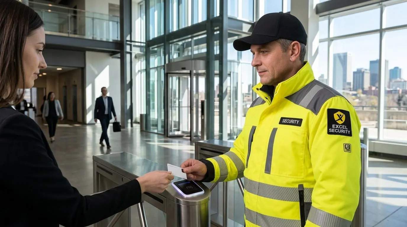 Excel Security officer checking a staff pass at an office turnstile