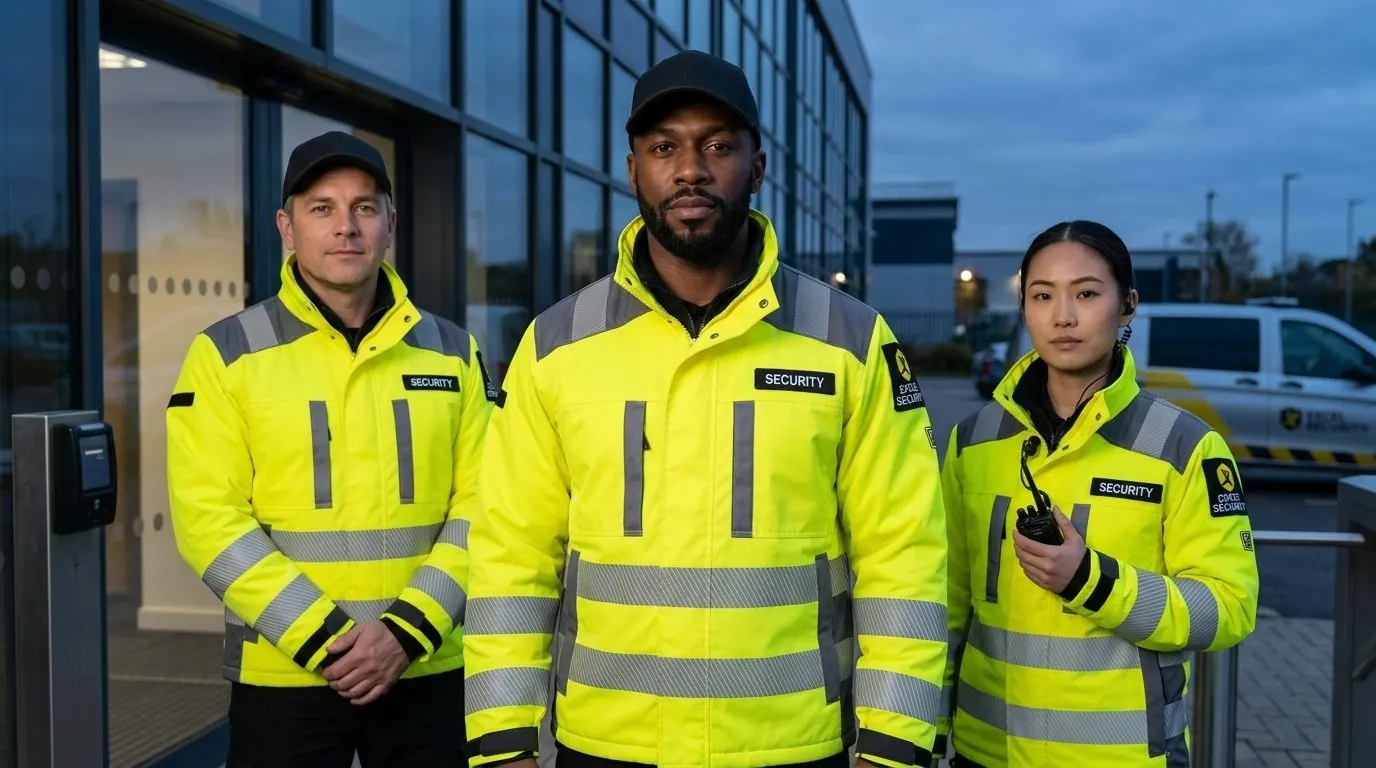 Three Excel Security officers outside a building at dusk