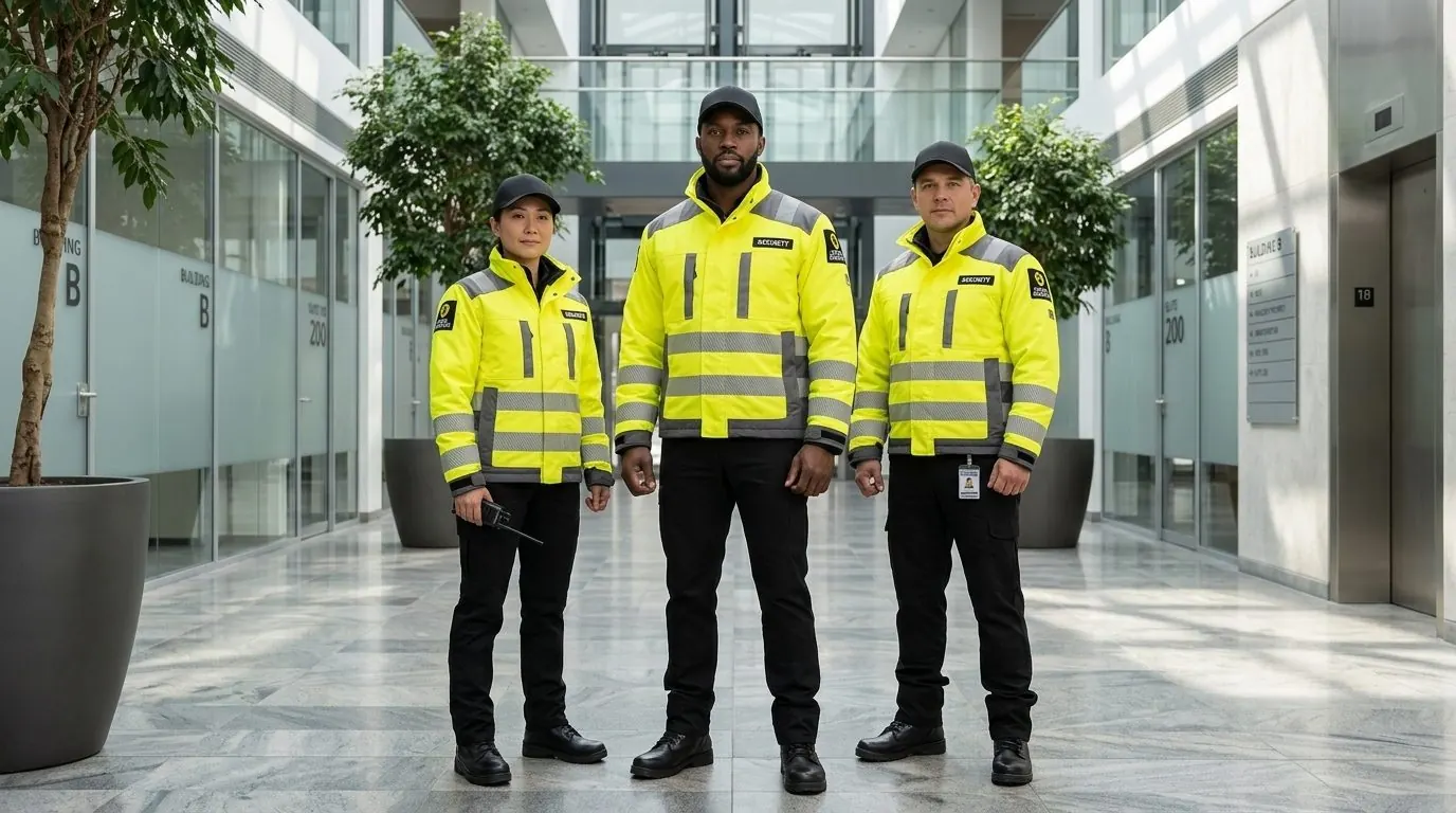 Three Excel Security officers in the lobby of a commercial building
